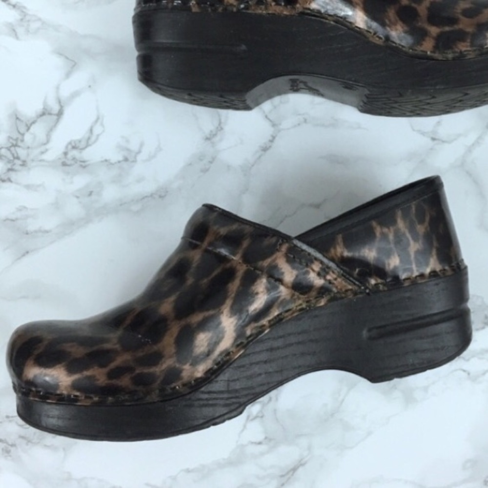 Dansko Leopard Patent Leather Clogs